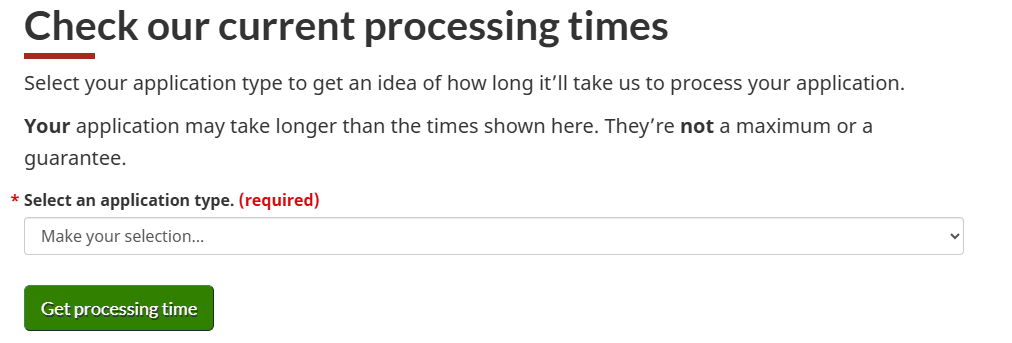 IRCC processing times tool, step 1: select an application type