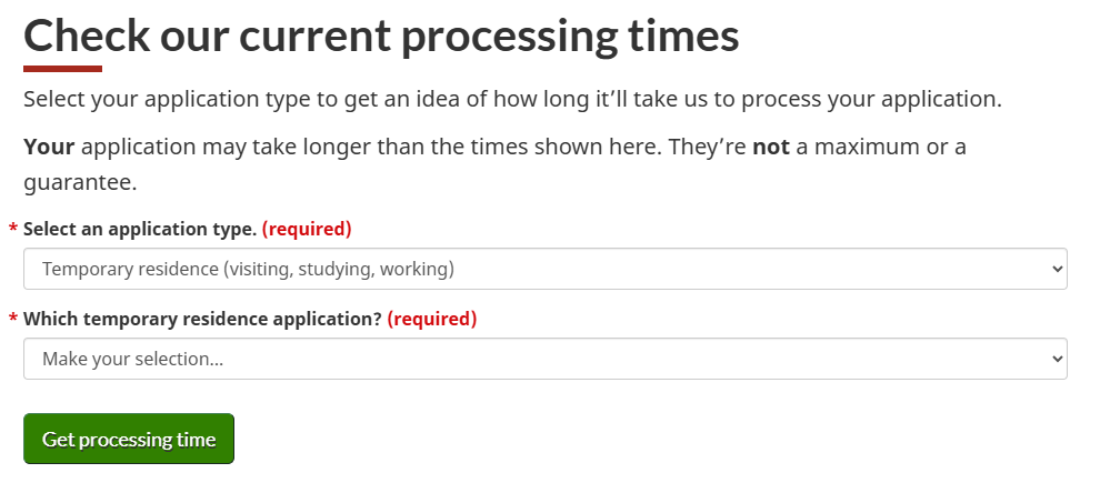 IRCC processing times tool, step 2: select the temporary residence application